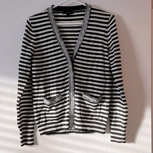 J Crew Black & White Striped Wool Cardigan